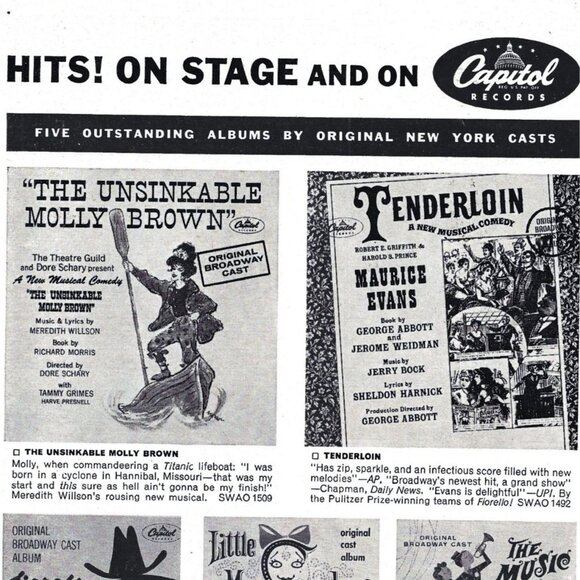 Broadway Cast Vinyl Record PRINT ADVERT Unsinkable Molly Brown Tenderloin AD 196 - Picture 2 of 2